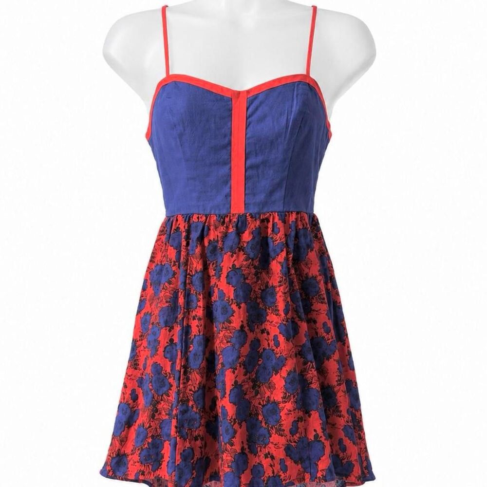 Cope Floral Fit & Flare Linen Blend Mini Dress XS Red Blue Open Back